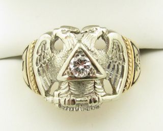 14k Yellow White Gold Diamond 32nd Degree Masonic Enamel Eagle Ring - 11.  5g -