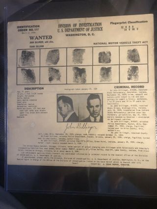 Original: John Dillinger Wanted Poster,  Division Of Investigation,  Us Doj