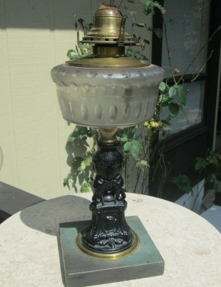 Antique Figural Oil Lamp,  Cast Iron Base 3 Elephants Heads Holding Urnj,  Slate