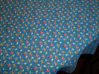 Vintage Feed Sack Flour/ Sugar Bag Fabric DAINTY PINK RED YELLOW FLOWERS on BLUE 2