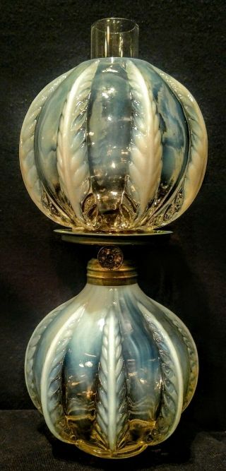 Miniature Lamp Antique Opalescent Feather Pattern 7.  5 " H Oil Kerosene Late 1800 