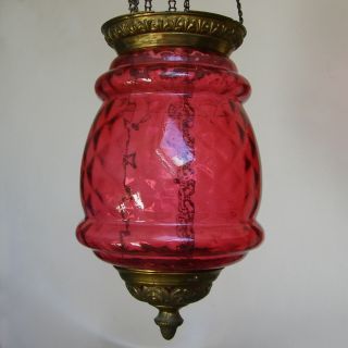 Antique Cranberry Glass C1900 French Pendant Hanging Ceiling Light Oil Lantern