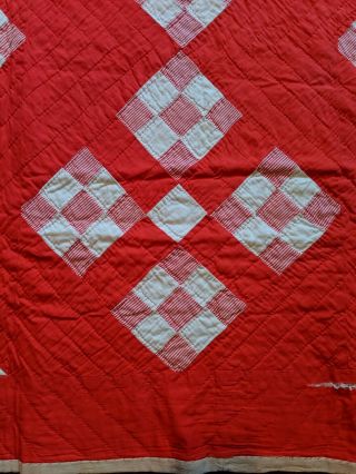 Vintage Hand Stitched Quilt Red White 61x81 4