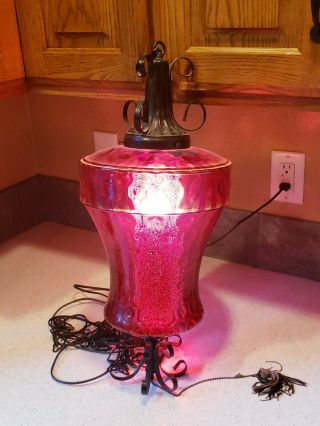 Vintage Mid - Century Modern Red Embossed Glass Hanging Swag Lamp / Light Retro