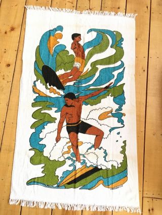 Vintage 1960s Beach Towel Psychedelic Surfing Surfer Scene Signed Londraville
