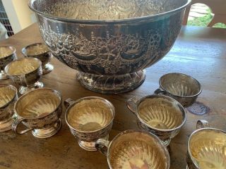 Antique Sheffield " Kentshire " Silverplate Large Punch Bowl Set 12 Cups England