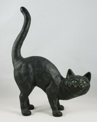 Vintage Cast Iron Black Cat With Green Eyes And Arched Back Door Stop Halloween