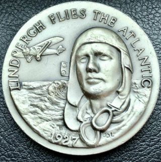 1927 Lindbergh Flies The Atlantic High Relief 3d Sterling Silver Medal