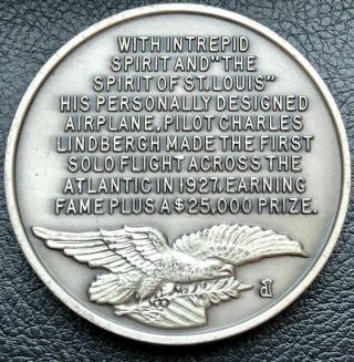 1927 Lindbergh Flies The Atlantic High Relief 3D Sterling Silver Medal 3