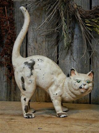 Rare Antique Cast Iron Hubley Arched White Cat Ghost Halloween Aafa