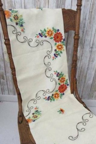 Vintage Hand Embroidered Crewel Tablecloth Floral Jobelan Lknw