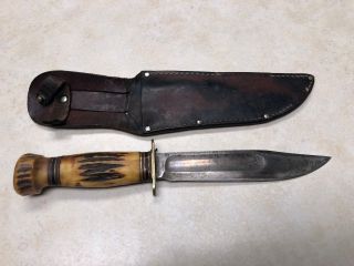 Antique Marbles Stag Handle Hunting Knife - 9 3/4 " W/leather Sheath