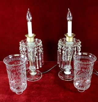 Pair Crystal Lamps Candlestick Etched Frosted Glass Floral Motif 20 Tall
