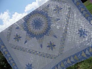 EXQUISITE VINTAGE BETHLEHEM COUNTRY BARN STAR POSTAGE STAMP BLUE YELLOW QUILT 7