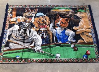 Vintage Dogs Playing Pool Billards Wall Tapestry Area Rug Man Cave 62.  5” X 46”