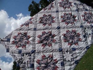 Fine Vintage Field Of Country Stars Applique Lace Country Log Cabin Old Quilt