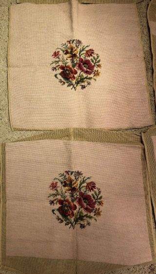 Vintage Set Of 6 Handmade Needlepoint Tapestries Tan Circle Dusty Pink Flowers 3