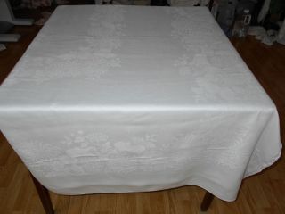 87x68 Vintage Antique White Irish Linen Signed Double Damask Tablecloth