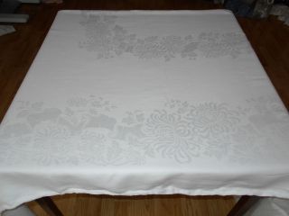 87X68 Vintage Antique White IRISH LINEN signed DOUBLE DAMASK Tablecloth 2