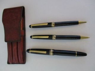 Montblanc Meisterstuck Fountain & Ball Point Pen & Pencil Set W/case Black Gold