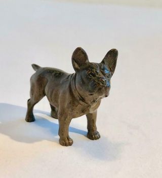 Miniature Bronze French Bulldog Puppy Cold Painted Dog Figure Antique Marked