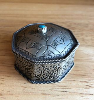 Rare Vintage Pewter / Silver Metal Trinket Box - Turquoise Knob - Spain Spanish