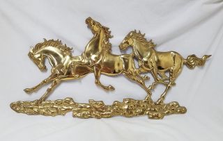 Vtg Brass Wall Hanging Running Horses Equestrian Metal Art Galloping Stallions