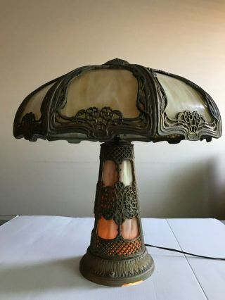 Antique Edward Miller Art Nouveau Slag Glass Table Lamp 2