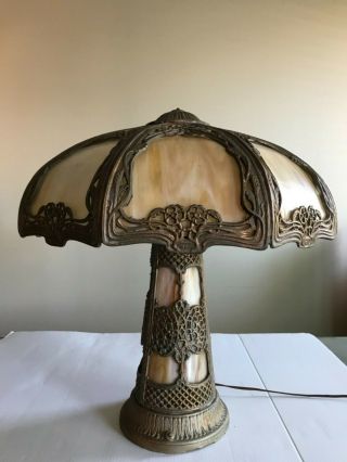 Antique Edward Miller Art Nouveau Slag Glass Table Lamp 3