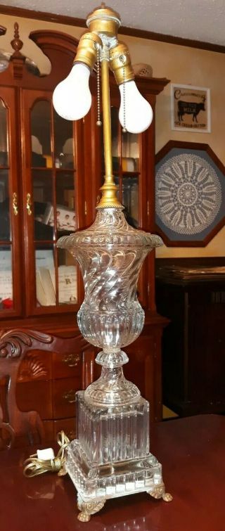 Vintage Crystal Glass And Brass Electric Table Lamp Double Sockets