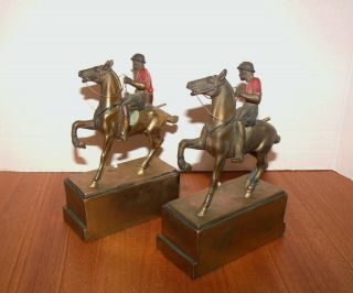 Pr (1925) Bronze Clad Cast Painted Polo Players On Horse Back Bookends: Signed