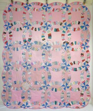 Vintage Handmade Hand Stitched Pink Double Wedding Ring Feed Sack Quilt - 93x76