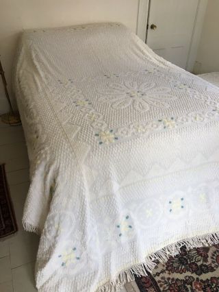 Vintage 50s Chenille Bedspread Cotton Floral Queen