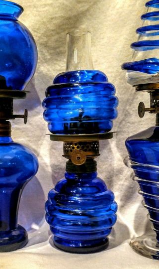 Cobalt Miniature Beehive Oil / Kerosene Lamp 5 3/4 " H,  2 1/2 " W,  Antique Rare