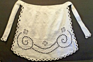 Antique Early 1900 White Cotton Apron With Detailed Needle Work & Edging