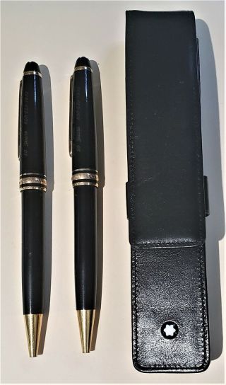 (2) Montblanc Meisterstuck Black Resin & Gold Ballpoint Pens W/ Leather Pen Case