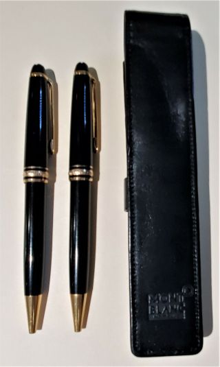 (2) MONTBLANC Meisterstuck Black Resin & Gold Ballpoint Pens w/ Leather Pen Case 2