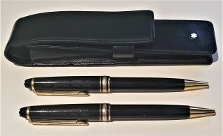 (2) MONTBLANC Meisterstuck Black Resin & Gold Ballpoint Pens w/ Leather Pen Case 3