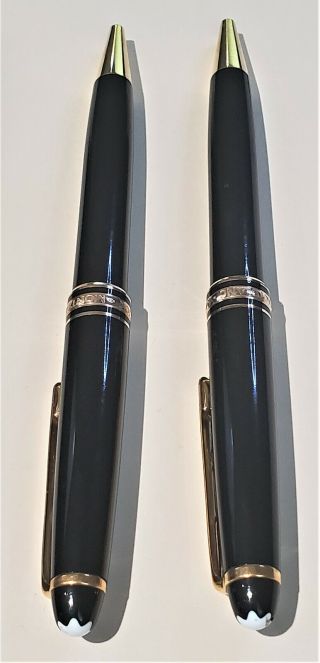 (2) MONTBLANC Meisterstuck Black Resin & Gold Ballpoint Pens w/ Leather Pen Case 5