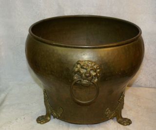 Vintage Brass Planter Container With Lion Head Handles And Claw Feet_signed