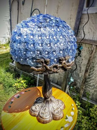 Blue Glass Flower Czech Dome Shade On Metal Table Lamp With Cherub Side Decor
