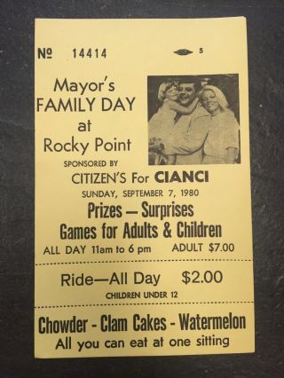 Rocky Point Park Warwick Rhode Island Mayor Buddy Cianci Ticket Family Day 1980