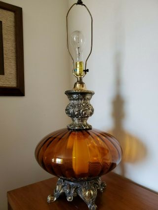 Vtg Mid Century Modern Amber Optic Glass Saucer Table Lamp Atomic 32 "