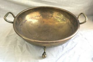 Large Shallow Hand Hammered Brass Bowl With Handles,  3 Footed Legs