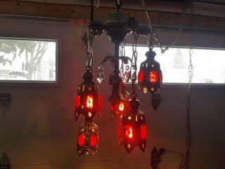 Vintage Ceiling Chain Hanging Pendant Red Glass Fixture Lamp Light Brass