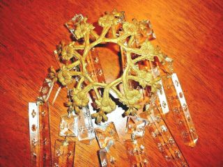 Antique/vintage Ornate Brass Bobeche & 10 Crystal Prisms Lamp Parts