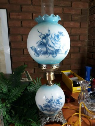Vintage Gone With The Wind Lamp Blue Floral With Chimney