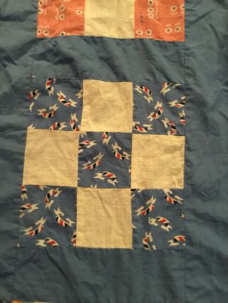 Vintage 1930s Nine Patch Quilt Top Hand Stitched Squares 68 X 87 Flour Sack Fabr 2