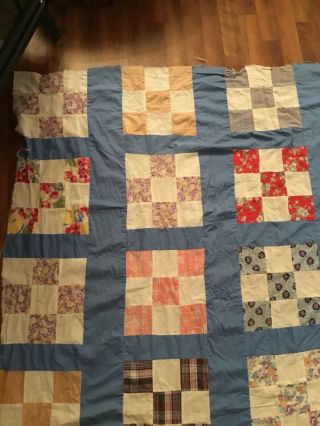 Vintage 1930s Nine Patch Quilt Top Hand Stitched Squares 68 X 87 Flour Sack Fabr 5