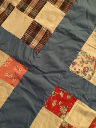 Vintage 1930s Nine Patch Quilt Top Hand Stitched Squares 68 X 87 Flour Sack Fabr 7
